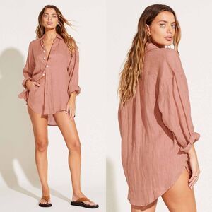 Vitamin A Playa Linen Boyfriend Shirt Coral Sheer Oversized Beach Cover Up Small